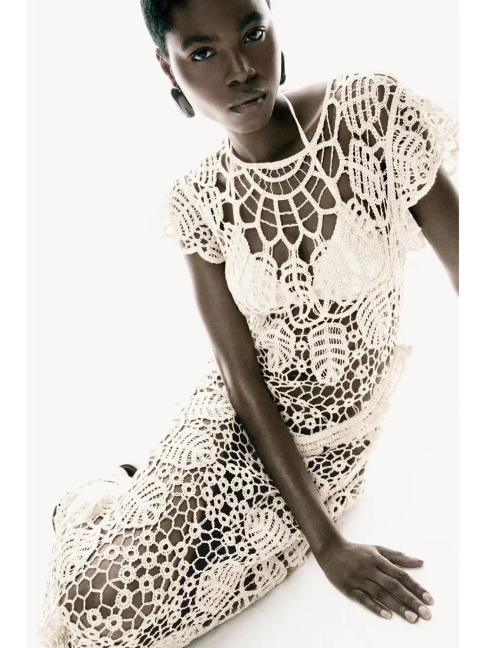 h&m crochet look dress Women's Cream Crochet-Look Maxi Dress